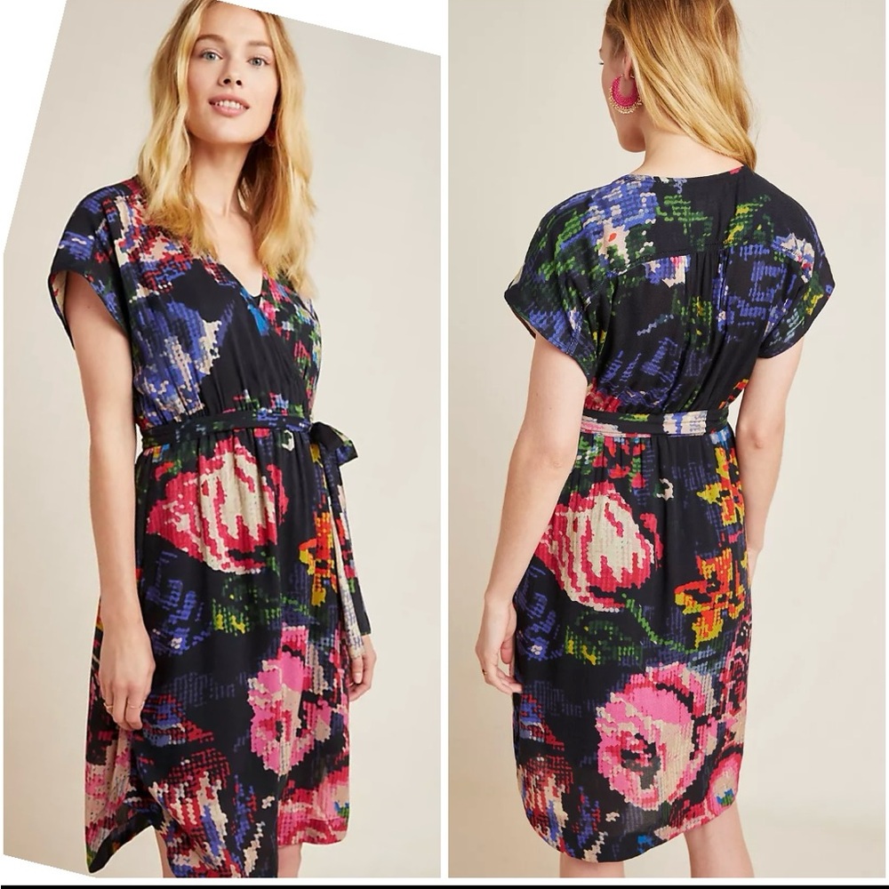 Floral Pixel-Print V-Neck Dress - Black Multi
